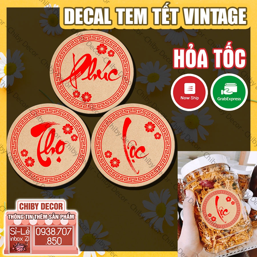 Tem Tết Decal Hình Tròn - Chữ Phúc, Chữ Thọ, Chữ Lộc 🌈 Nhãn Dán Giấy Kraft Vintage Sang Trọng, Trang Trí Tết