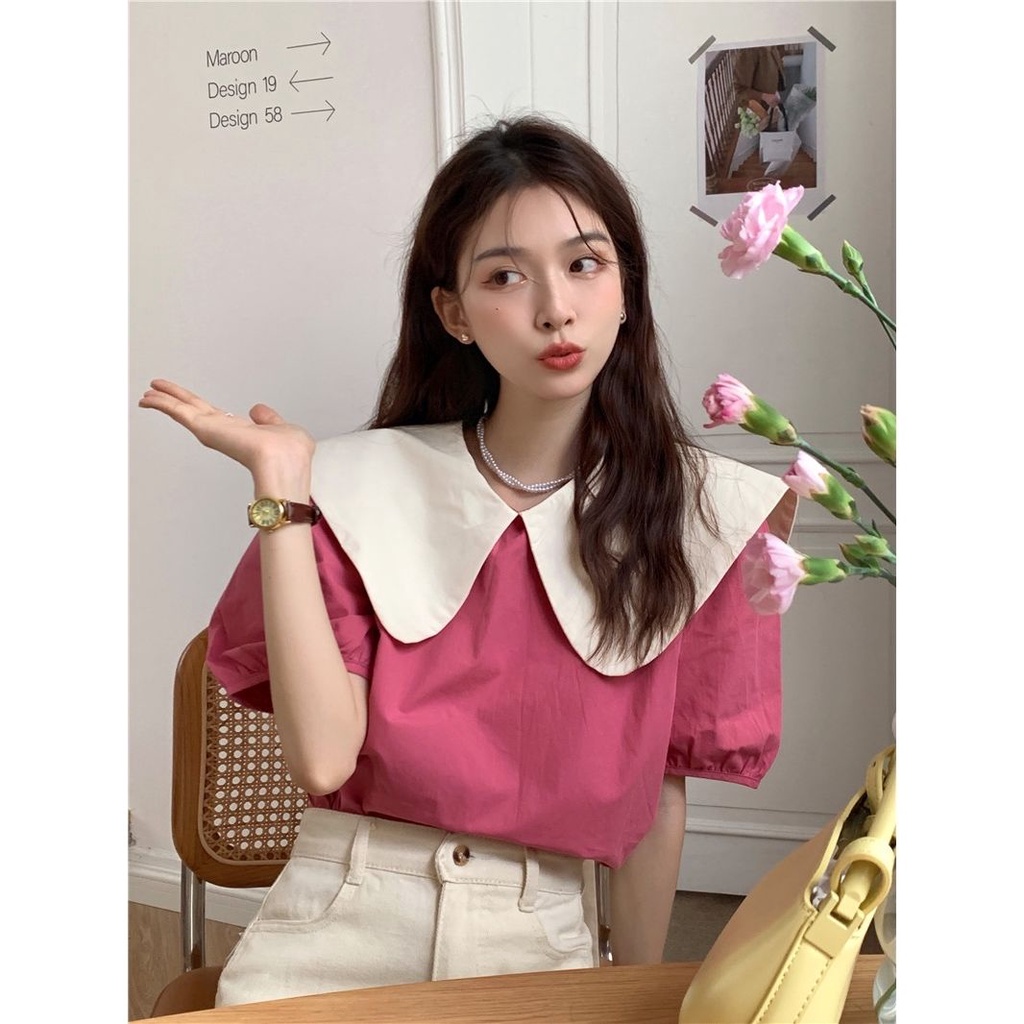 Áo Sơ Mi Ngắn Tay Cổ Búp Bê Thắt Nơ Phong Cách Pháp Thời Trang Cho Nữ