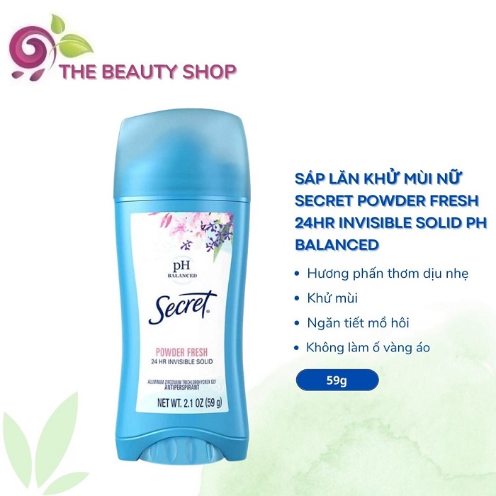 Sáp Lăn Khử Mùi Nữ Hương Phấn Secret Powder Fresh 24Hr Invisible Solid PH Balanced 59g (Hương Phấn -Sáp Trắng)