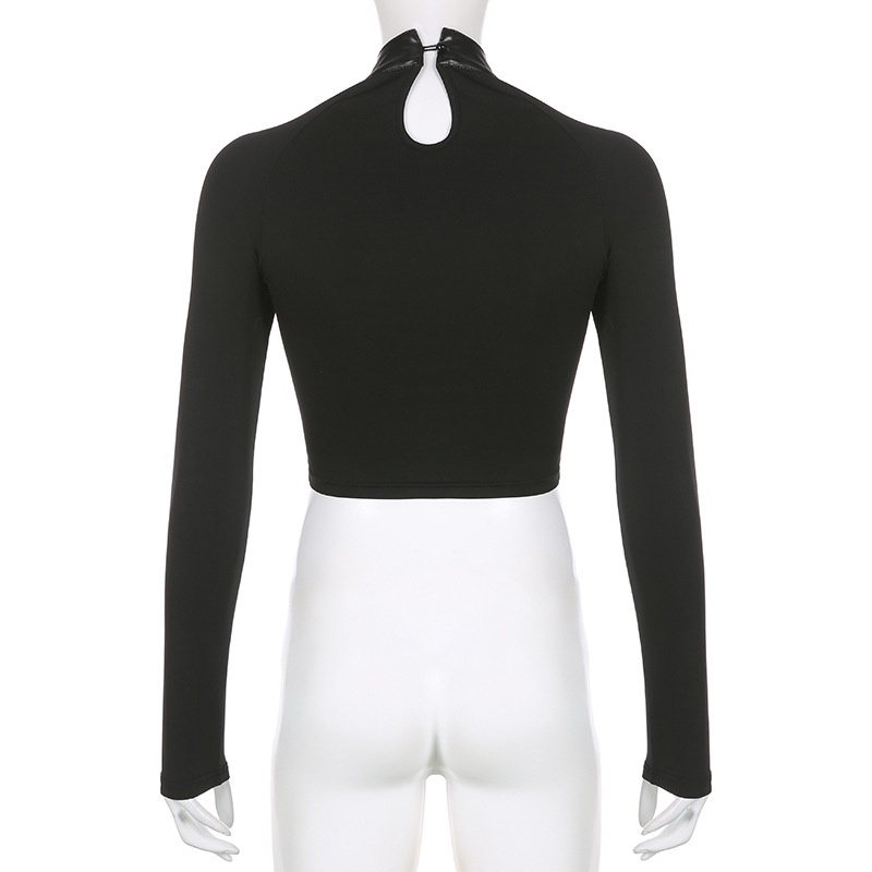 Áo Tay Dài Cổ Cao Bằng PU Có Khóa Cài Cho Nữ