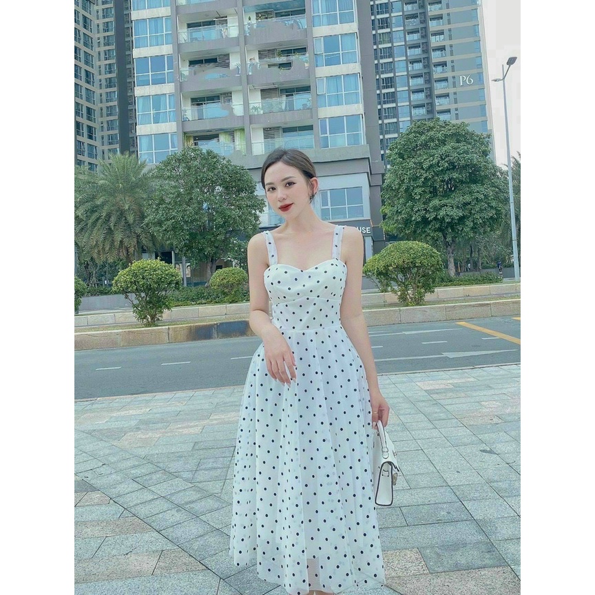 Đầm maxi 2 dây dáng dài đi biển, đầm chấm bi lưới xòe cúp ngực đi tiệc nhã nhặn dx