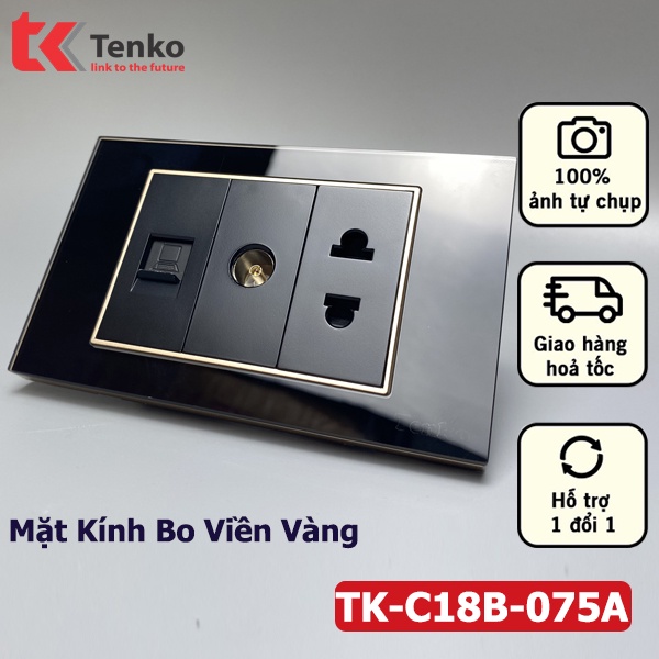 Ổ Cắm LAN mạng và TIVI âm tường Mặt Kính Cường Lực Màu ĐEN bo viền VÀNG Thương hiệu Nhật TK-C18B-075A