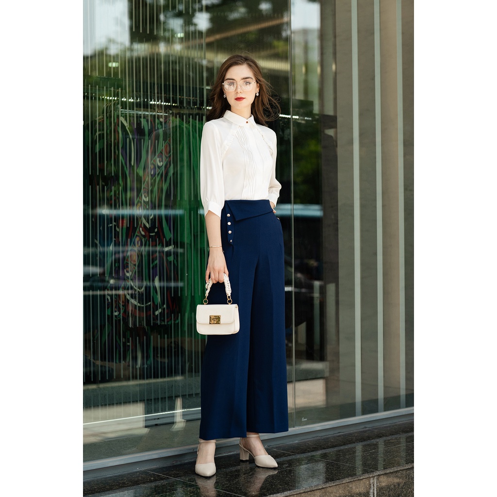 Áo sơ mi nữ Lamia Design LA302 màu trắng tinh phối bèo chéo điệu đà