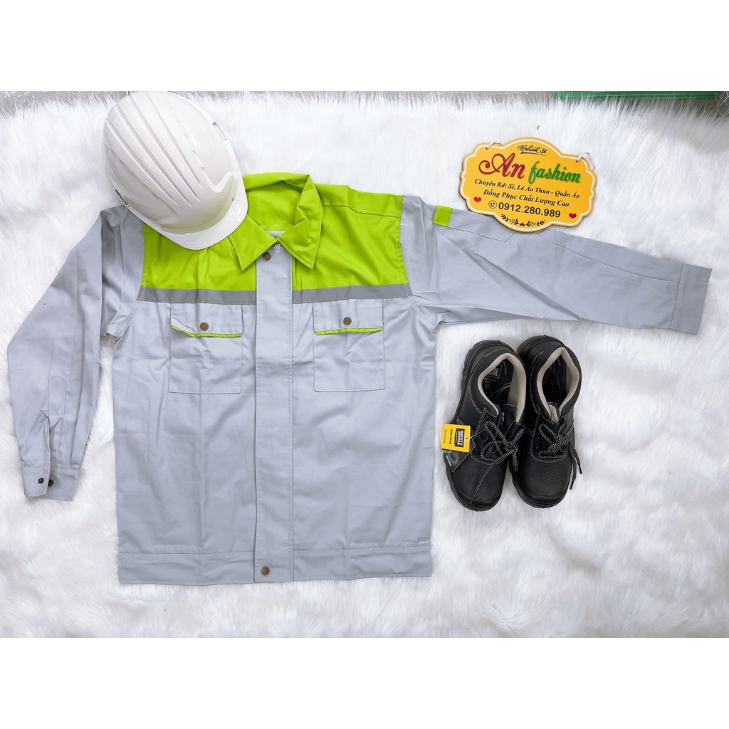 Đồ bảo hộ lao động, Quần áo công trình vải kaki may đẹp màu xám phối xanh tay dài _ Hình chụp thật