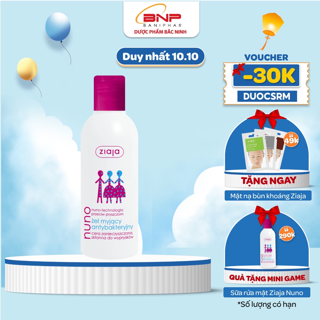 Sữa rửa mặt dạng gel ngừa mụn trắng da Ziaja Nuno cho da dầu, không gây kích ứng 200ml