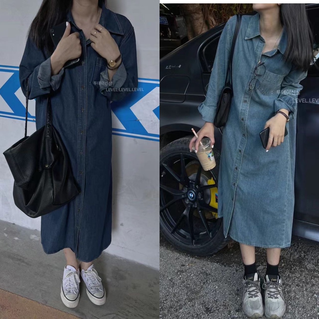 Váy sơ mi jean denim dài tay Hàn Quốc 1993s boutique mã