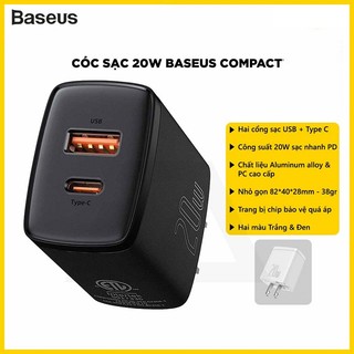 Sạc nhanh pd 20w cổng usb a và type c baseus compact chân dẹp chính hãng