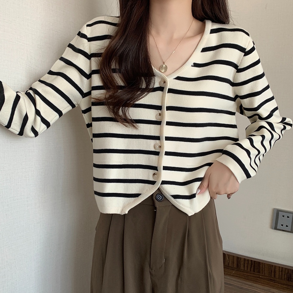 Áo Khoác Cardigan Len Dệt Kim Mỏng Cổ V Kẻ Sọc Cỡ Lớn Thời Trang Mùa Thu Cho Nữ