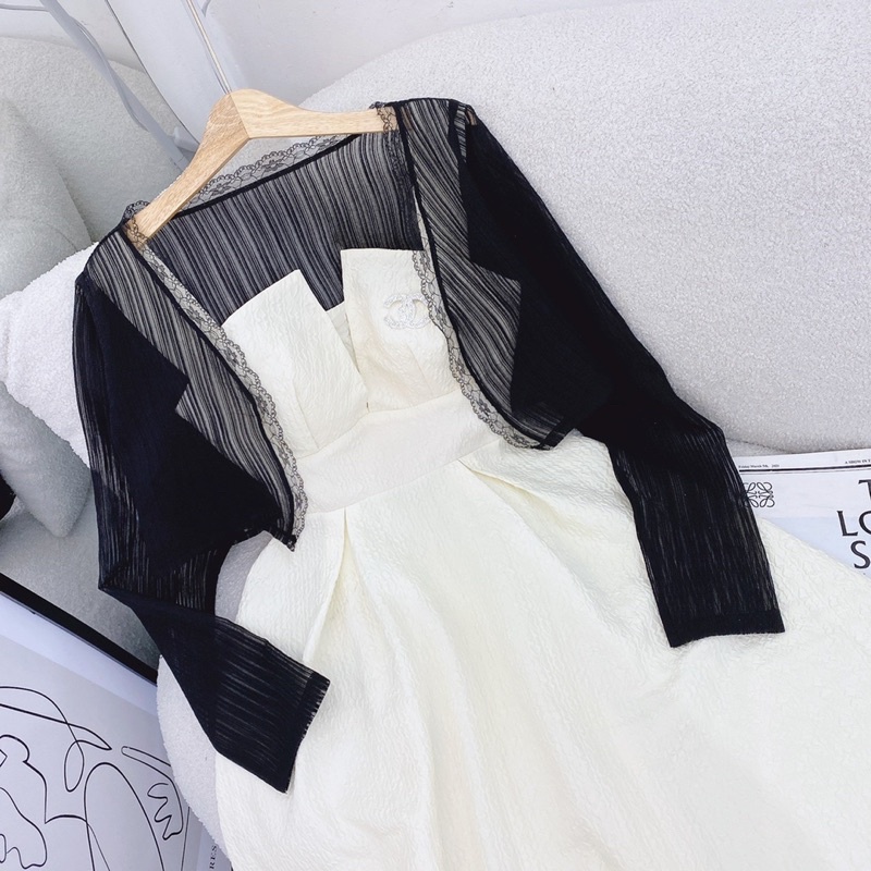 SET ĐẦM KEM MIDI XẾP NGỰC TAG ĐÁ + ÁO KHOÁC ĐEN MỎNG XƯỢC