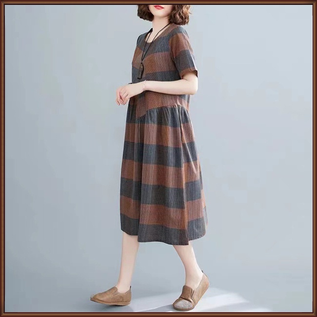 Đầm Tay Ngắn Dáng Chữ A Họa Tiết Sọc Caro Phong Cách Cổ Điển Thời Trang Mùa Hè Cho Nữ