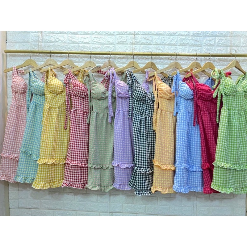 Đầm caro cột nơ vai dáng xoè siêu xinh-hình thật.