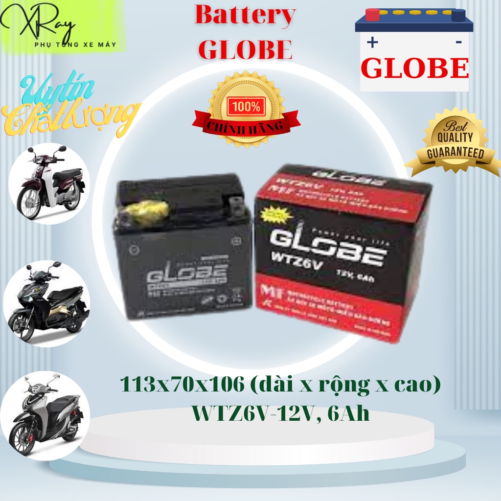 Ắc quy khô xe máy GLOBE 12v - 6Ah WTZ6V Dùng cho xe máy Air blade, Click, Vision, SH Mode, SH, PCX, Janus, Impulse.