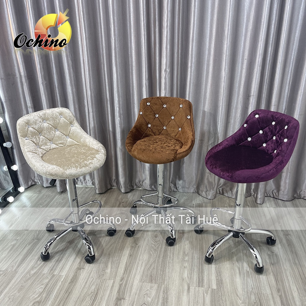 Ghế Chụp Hình, Ghế Quầy Lễ Tân Có Bánh Xe Điều Chỉnh Độ Cao 65/ 85Cm Và Xoay 360 Độ  Mẫu Nỉ Nhung (Ảnh Thật)