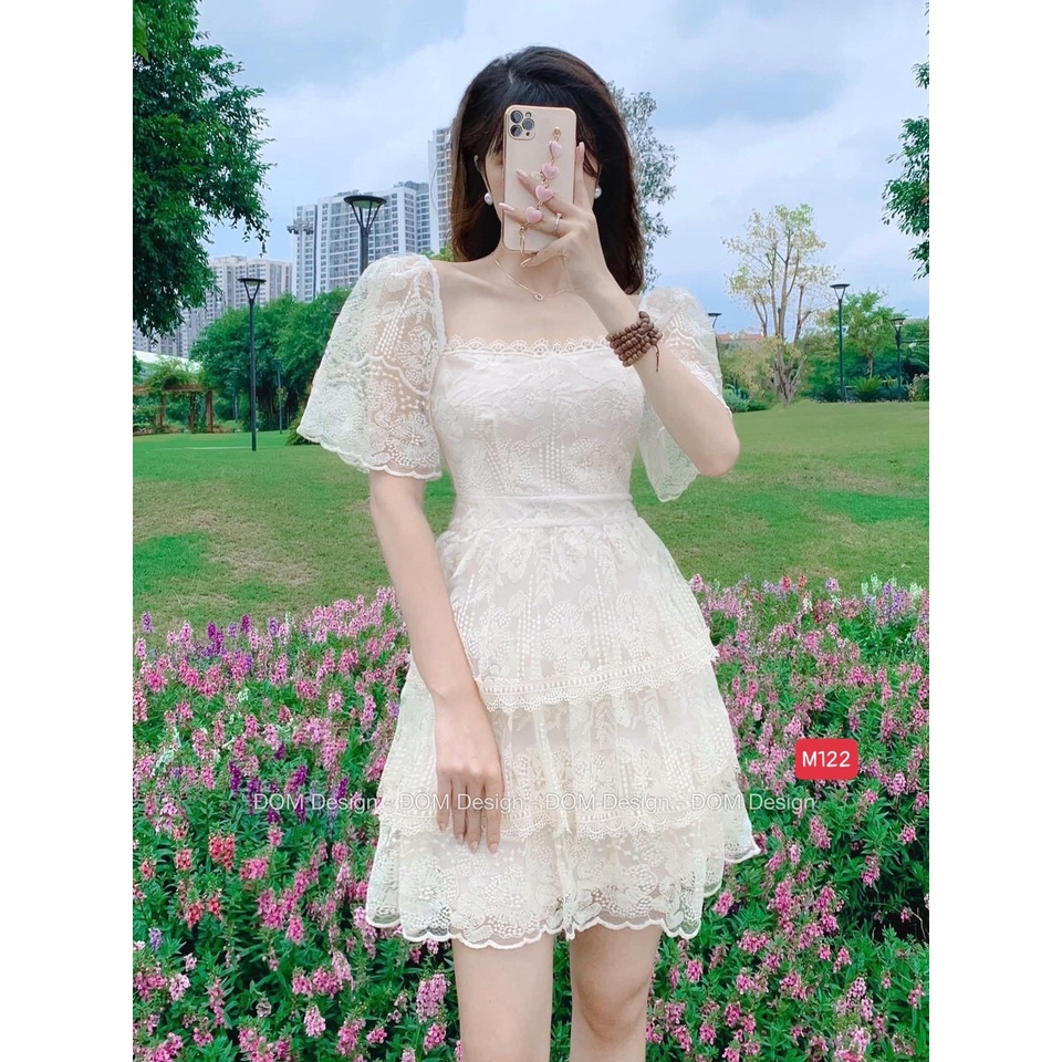 M495 - Đầm ren hoa cổ vuông viền ren 3 tầng vintage (ảnh thật)