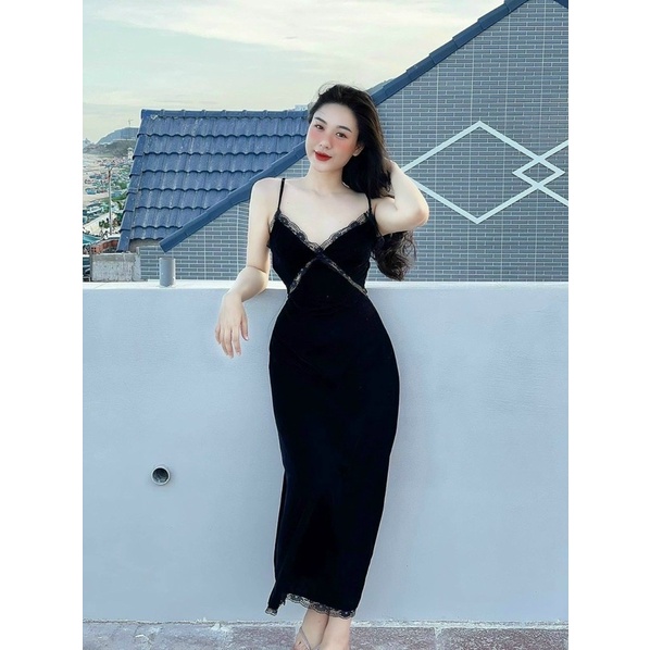 Đầm đen body nhung dáng dài 2 dây phối ren sexy Đầm váy đi chơi dạo phố dự tiệc sang trọng quý phái hotgirl tk đơn giản