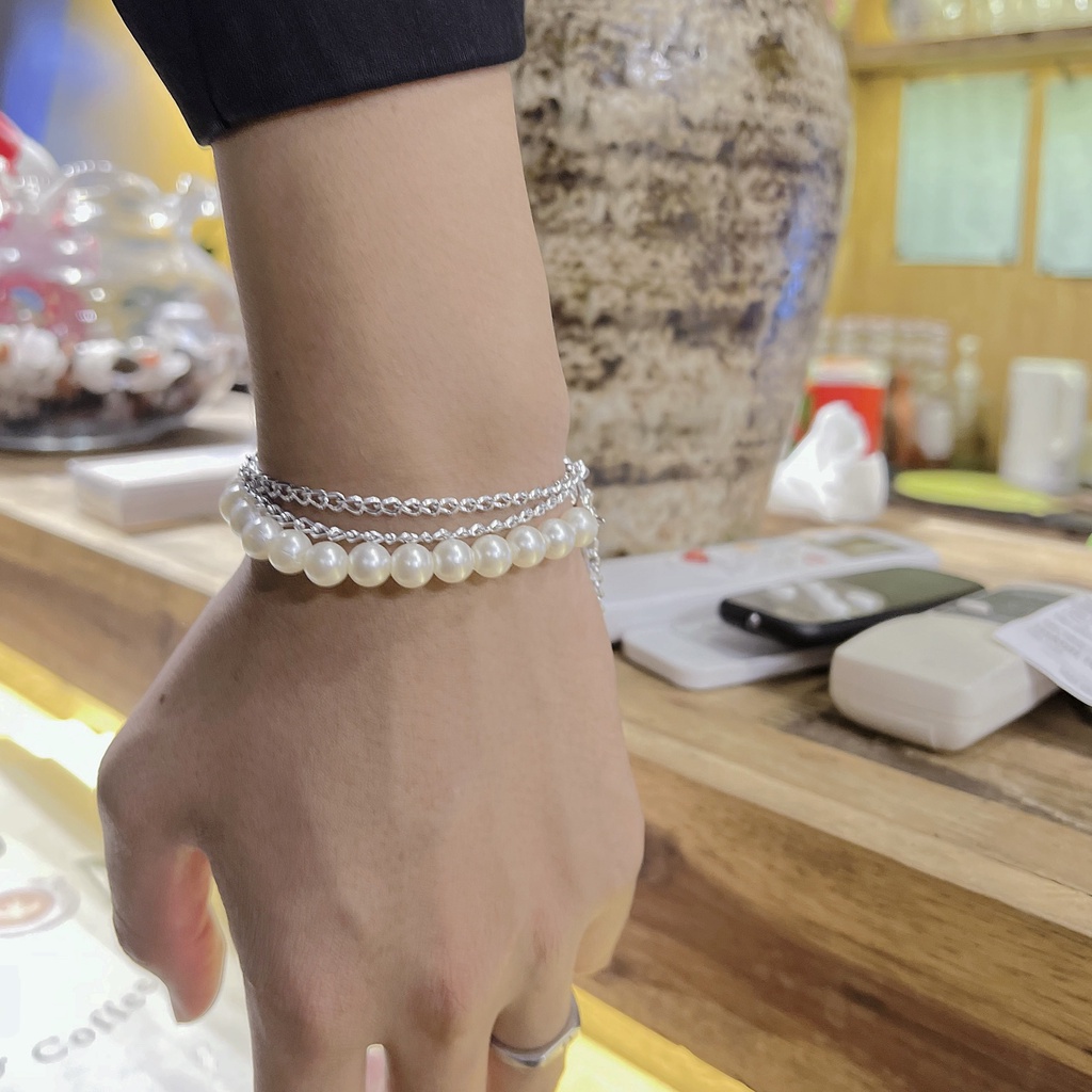 Vòng Tay ngọc trai nhân tạo mix dây bạc Nam Nữ basic hàng thiết kế