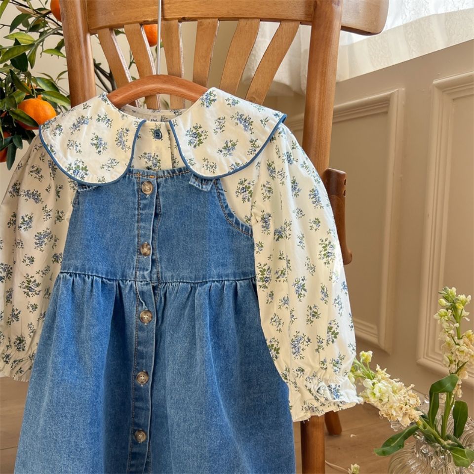 Bộ Áo Sơ Mi + Đầm Yếm Denim In Hoa Thời Trang Hàn Quốc Nhật Bản 2022 Cho Bé Gái