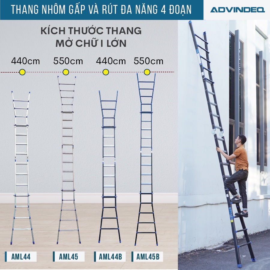 Thang Nhôm Gấp Và Rút Đa Năng 4 Đoạn 4,4m ADVINDEQ AML44, linh hoạt 5 tư thế, khóa sập tự động an toàn, tải trọng 150kg