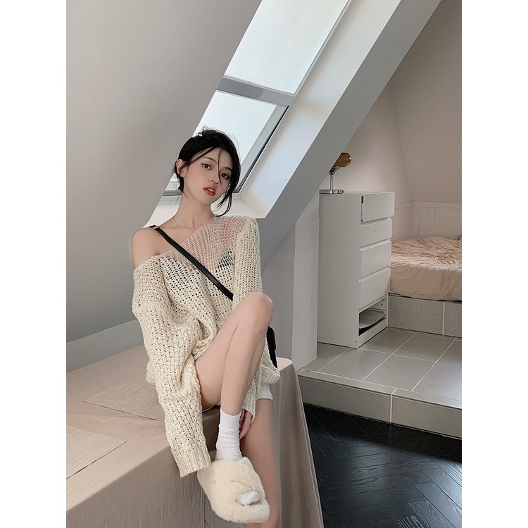 Áo cardigan len Áo Sweater Tay Dài Dáng Rộng Khoét Rỗng Phong Cách Hồng Kông Thời Trang Mùa Thu 2022 Mới