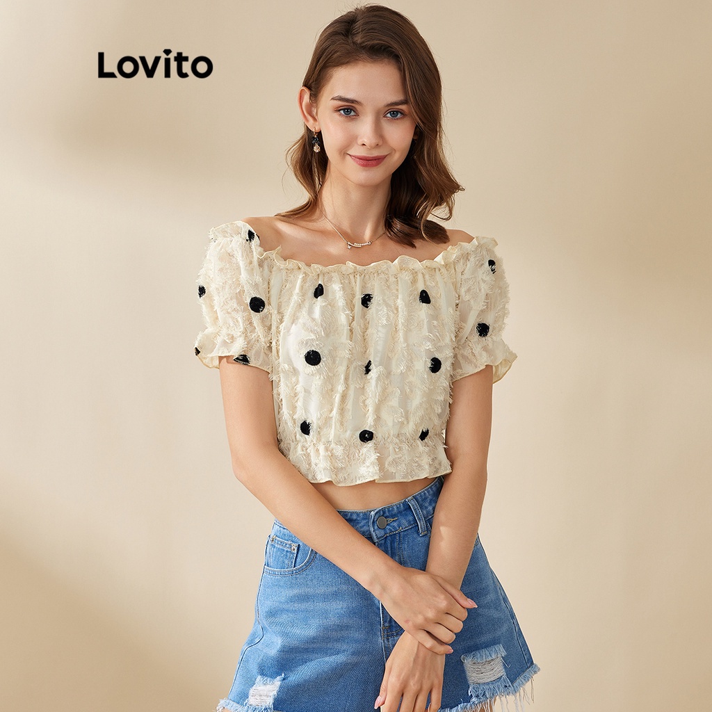 Lovito Áo sơ mi chấm bi thông thường lệch vai Áo diềm xếp nếp L20D1060 (màu mơ)