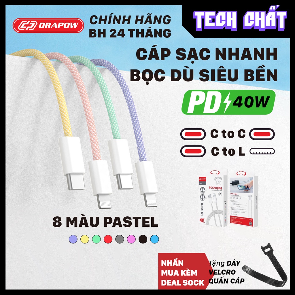 Dây cáp sạc nhanh 40W PD Type C to L/ C to C chính hãng drapow dành cho điện thoại lPhone lPAD và Android CZ07 tech chất