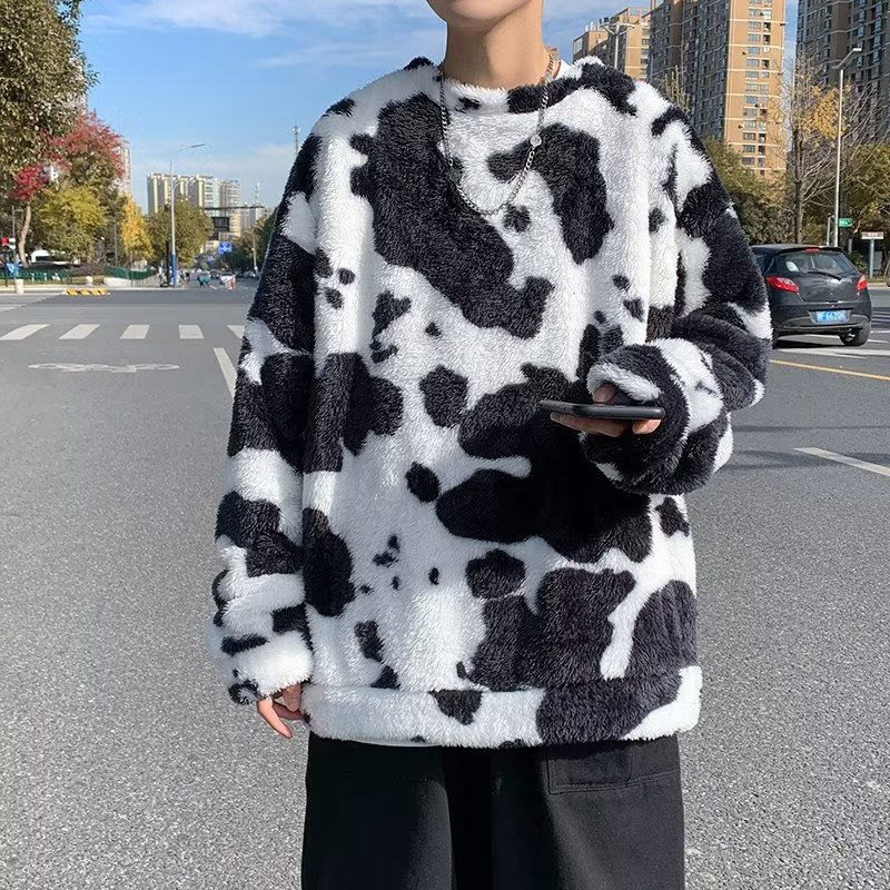 Áo Sweater Lông Cừu Dáng Rộng Họa Tiết Bò Sữa Phong Cách Hàn Quốc Thời Trang Thu Đông Cho Nam