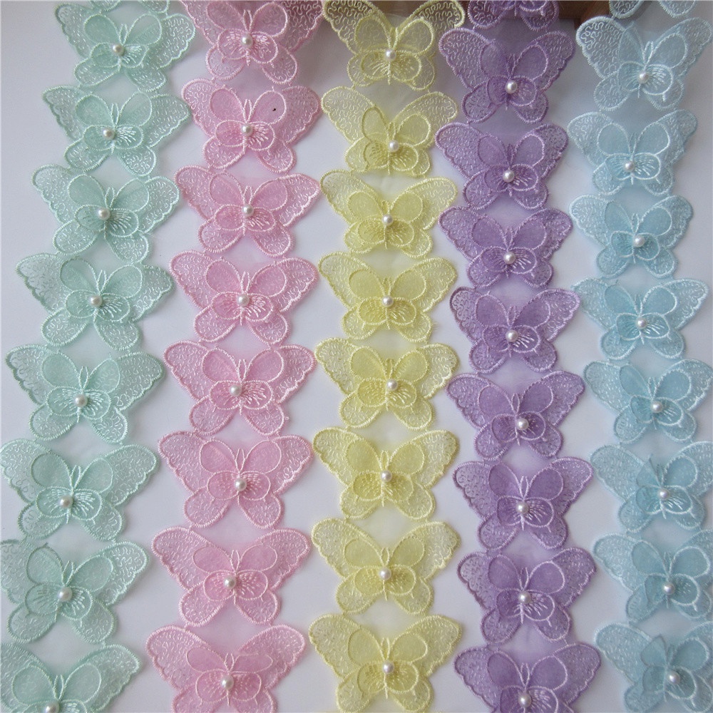 Set 10 Dây Ruy Băng Thêu Ren Hoa Bướm Hòa Tan Đính Hạt Ngọc Trai Trang Trí Đám Cưới