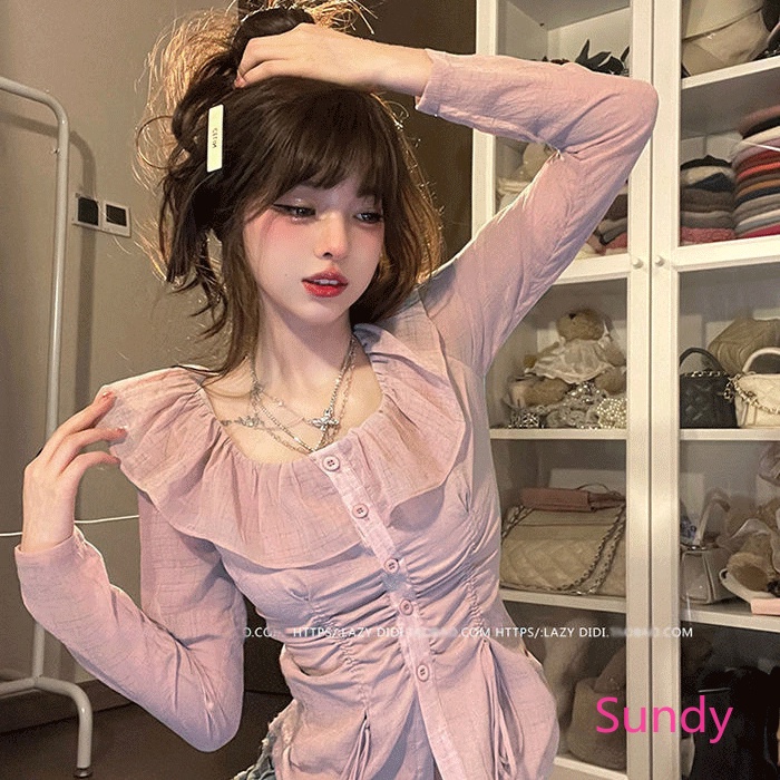 Áo Kiểu Tay Dài Cổ Vuông Phối Dây Rút Thời Trang Xuân Thu Quyến Rũ Cho Nữ