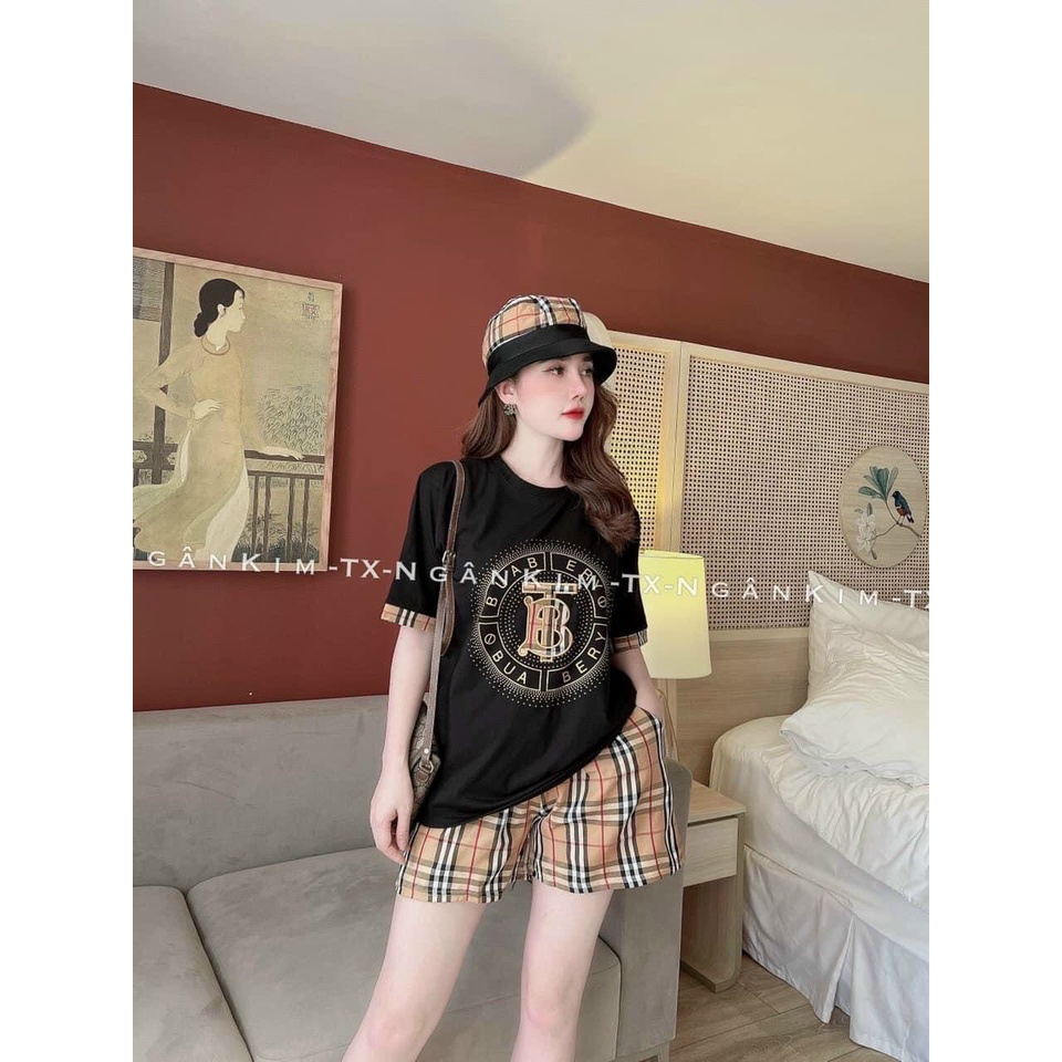 [11.11 Sale Freeship] Set bộ đùi đi chơi,áo thun in hình chữ form rộng tay ngắn kèm quần short kẻ sọc ô caro xinh xắn