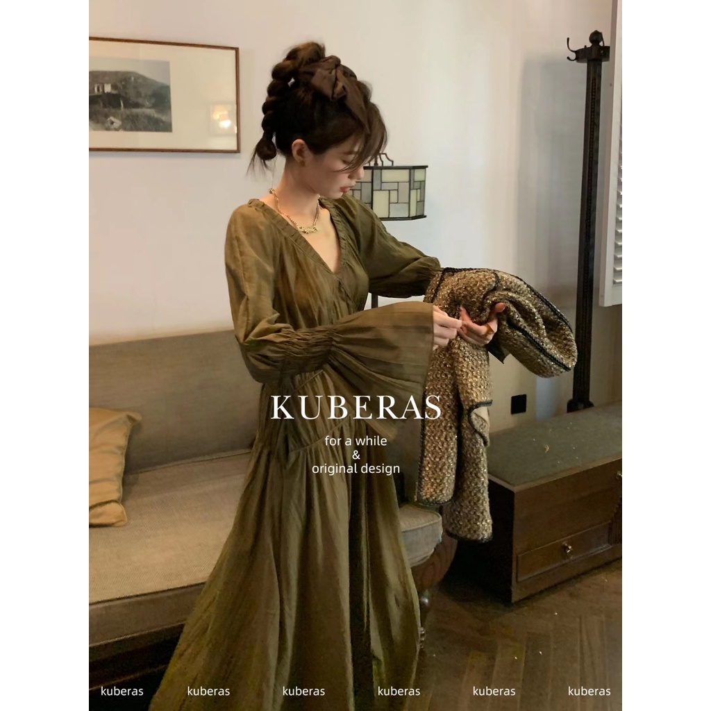 Đầm midi cổ chữ V xếp ly phong cách Pháp thanh lịch cho nữ