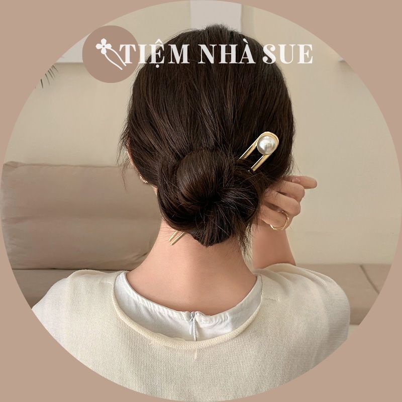 Trâm cài tóc kim loại chữ U đính hạt cườm sang trọng quý phái phụ kiện tóc nữ SUESUE VN034