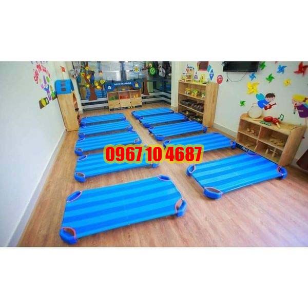 Giường lưới trẻ em mầm non XANH DƯƠNG, 2 Thanh đỡ lưng inox  dùng cho bé mầm non