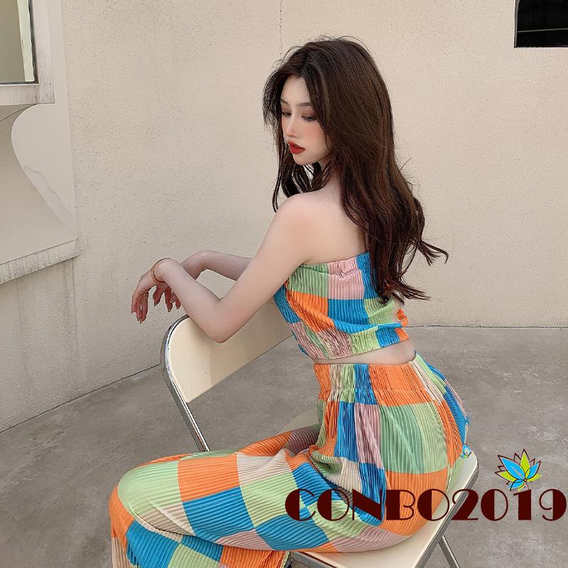 Set Đồ 2 Món Gồm Áo Không Tay Họa Tiết Kẻ Sọc Nhiều Màu + Quần Ống Rộng Lưng Cao Co Giãn Cho Nữ