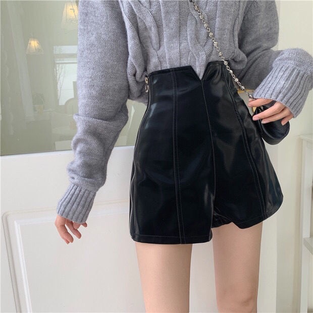 Quần Short Da PU Lưng Cao Dáng Ôm Có Khóa Kéo Thời Trang Thu Đông Cho Nữ