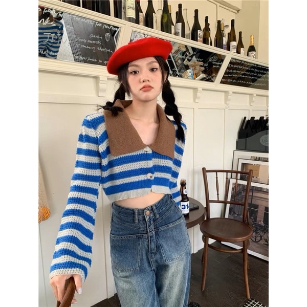 Áo len dệt kim croptop sọc có cổ Áo len cardigan thiết kế mùa thu