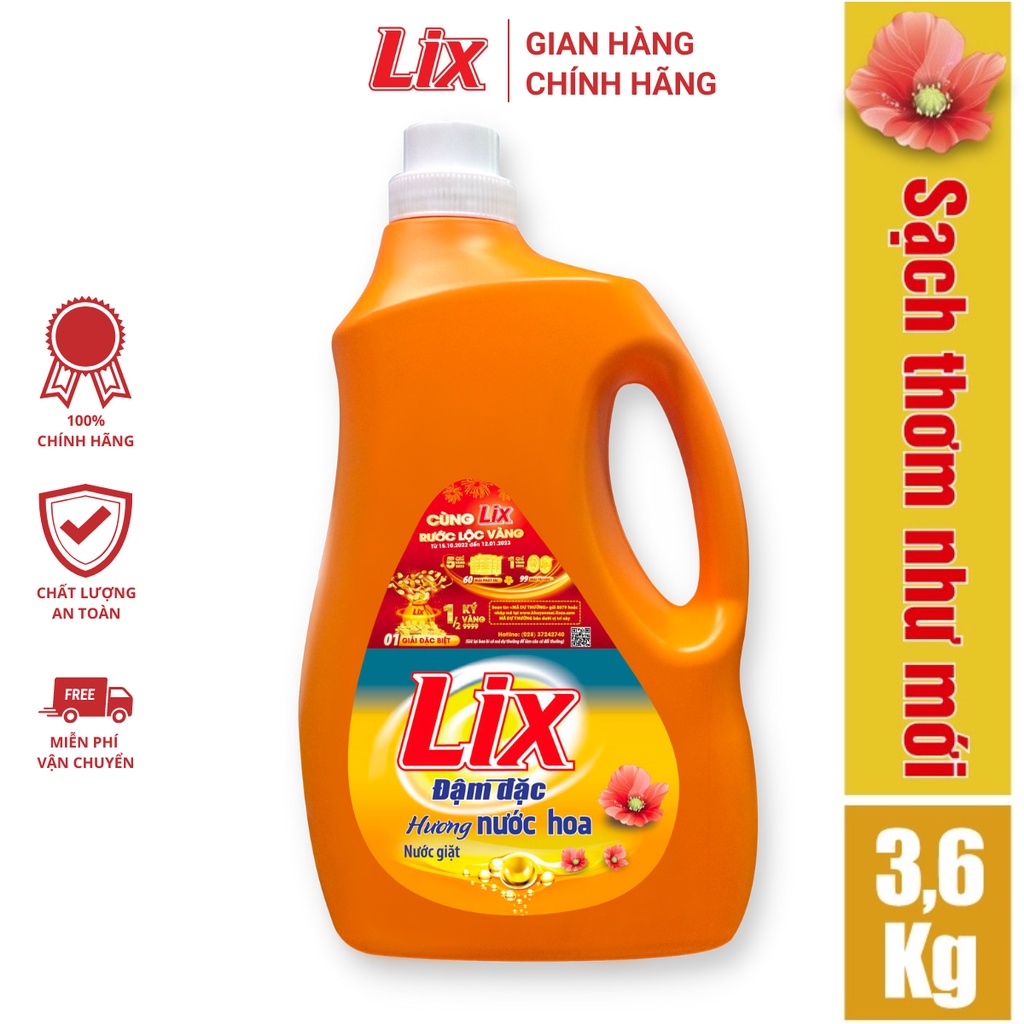 Nước giặt Lix đậm đặc hương hoa chai 3.6kg làm sạch cực nhanh vết bẩn NGH10 tăng gấp đôi sức mạnh giặt tẩy quần áo