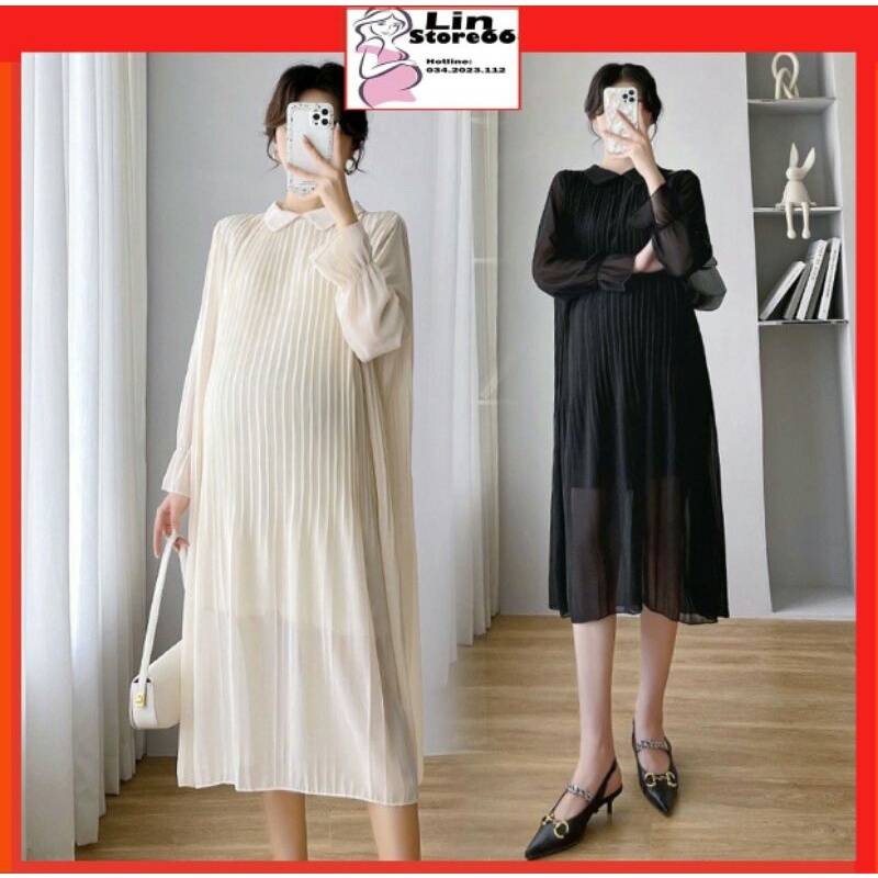 Váy Bầu Thu Đông Đầm Bầu Chất Voan 2 Lớp Xếp Li, Cổ Sơ Mi Dáng Suông Xinh Xắn A121 Lin Store66