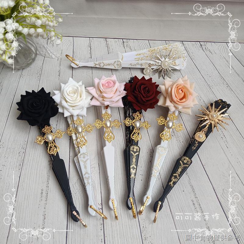 Quạt Xếp Ren Hoa Hồng Tuyệt Đẹp Phong Cách lolita Châu Âu Cổ Điển Màu Đen Tuyệt Vời Làm Đạo Cụ Truyện Tranh