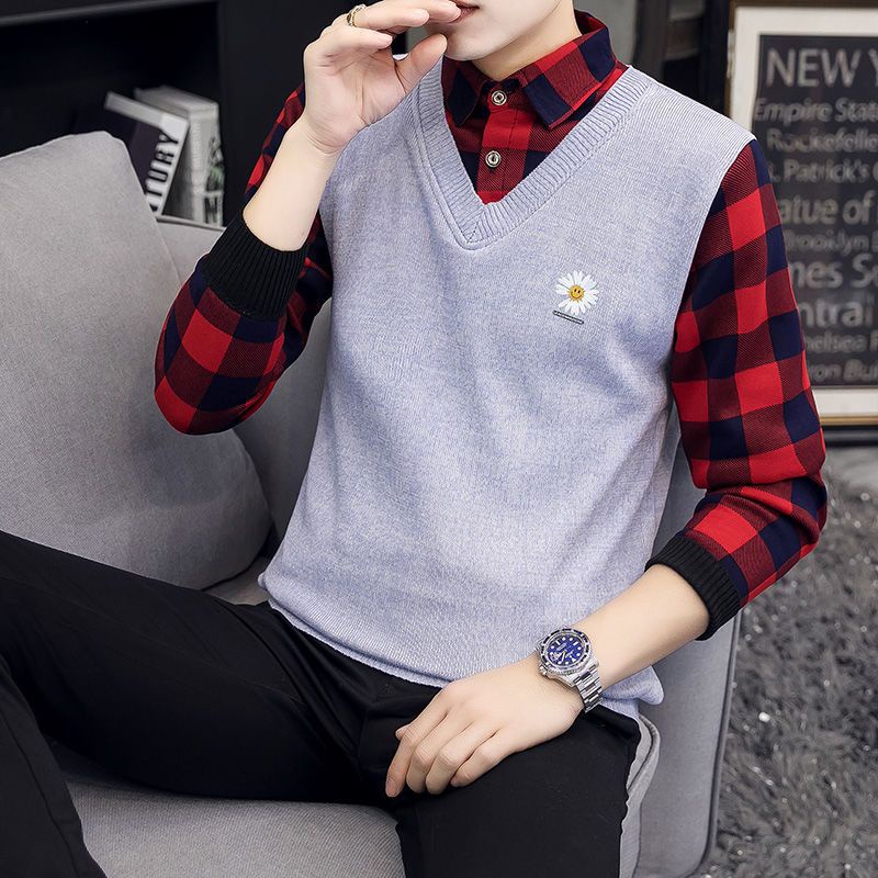 Áo Sweater Tay Dài Giả Hai Lớp Lót Nhung Thời Trang Mùa Đông Cho Nam