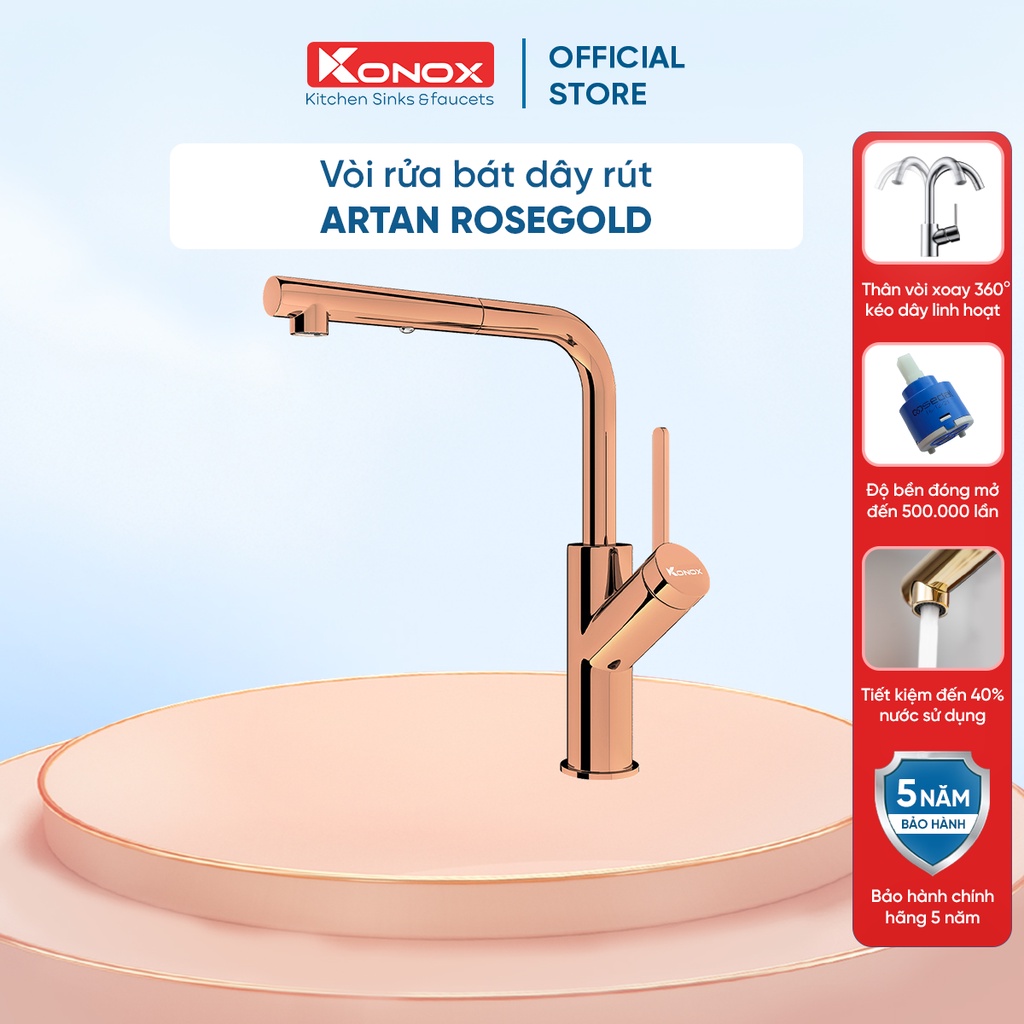 Vòi rửa bát rút dây KONOX Artan Rose Gold, bề mặt xử lý mạ PVD 5 lớp, lõi hợp kim đồng 61% tiêu chuẩn Châu Âu CW617N