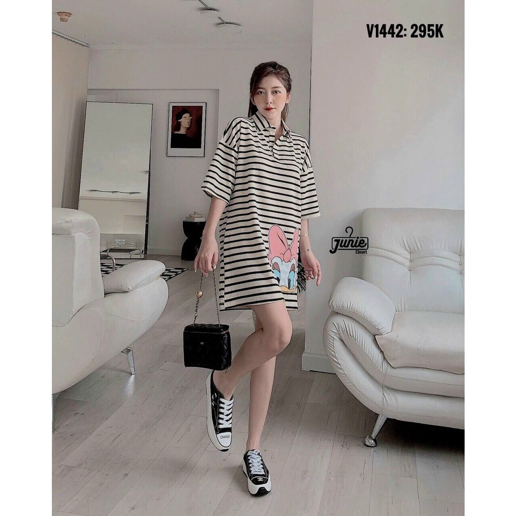Đầm Thun Đi Chơi Sọc Caro In Hình Con Vịt Đầm Xinh Nhẹ Nhàng