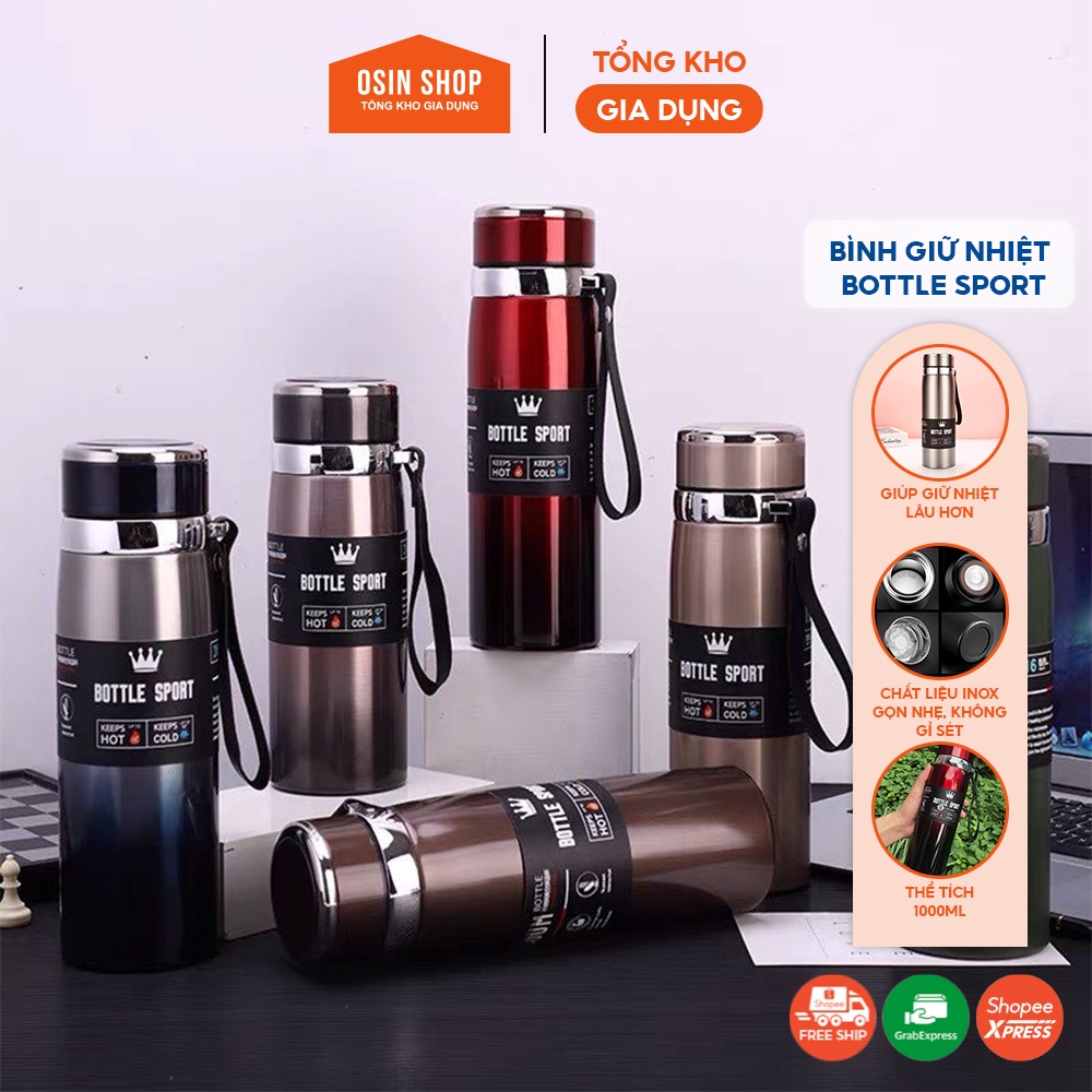Bình giữ nhiệt, bình nước giữ nhiệt Inox Bottle Sport 1000ml - Chai nước inox 304 316 cao cấp - OSin Tổng kho gia dụng