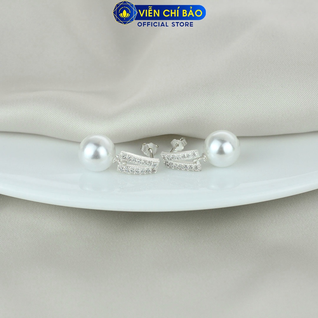 Bông tai bạc nữ Trái châu viền đá lấp lánh chất liệu bạc 925 thời trang phụ kiện trang sức nữ Viễn Chí Bảo B400021