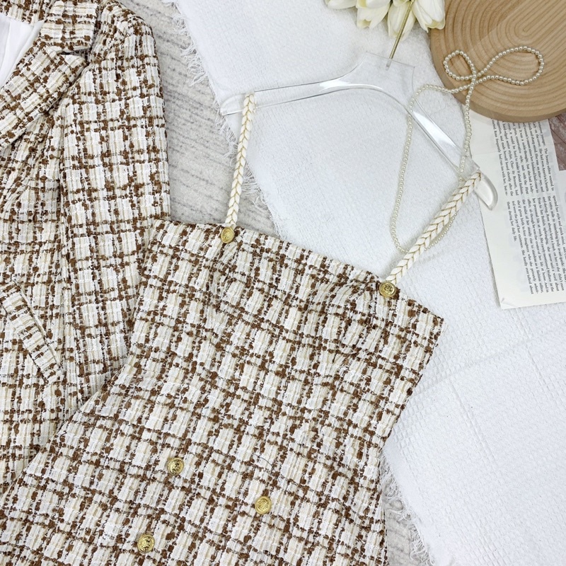 SÉT DẠ TWEED VÁY 2 DÂY KÈM ÁO VEST DÁNG DÀI