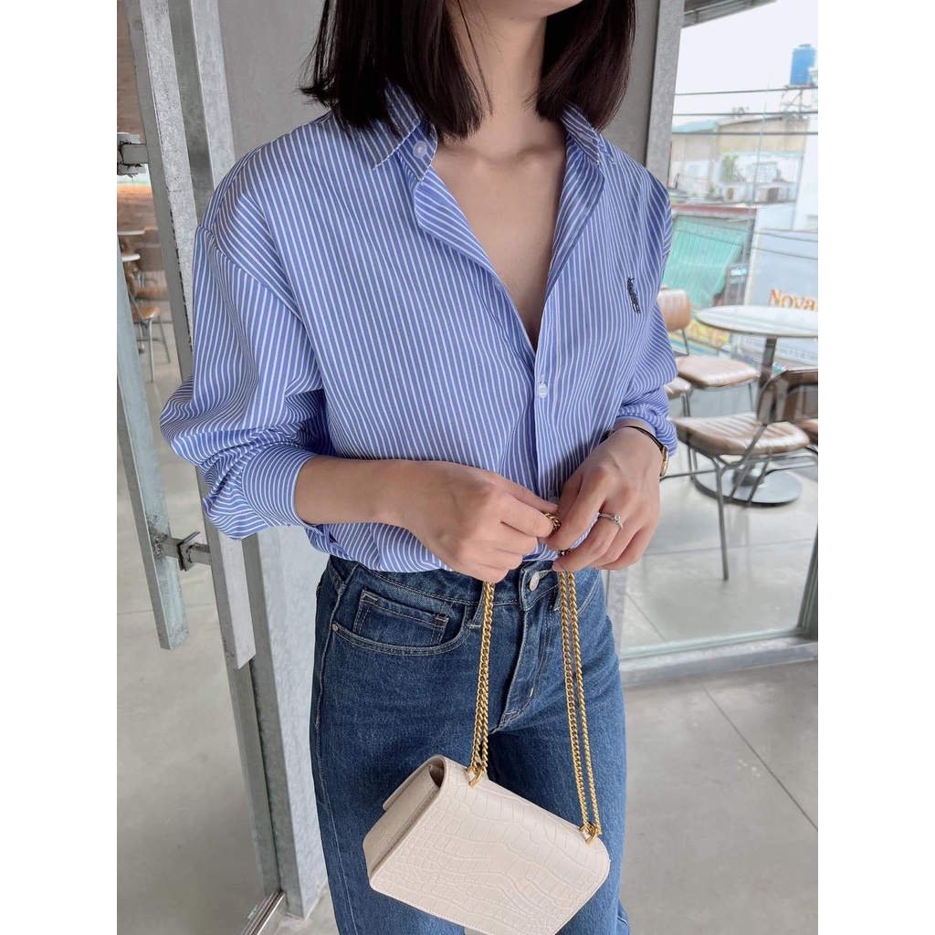 Áo sơ mi polo sọc xanh tay dài Xịn Store phong cách hàn quốc chất cotton 19092209
