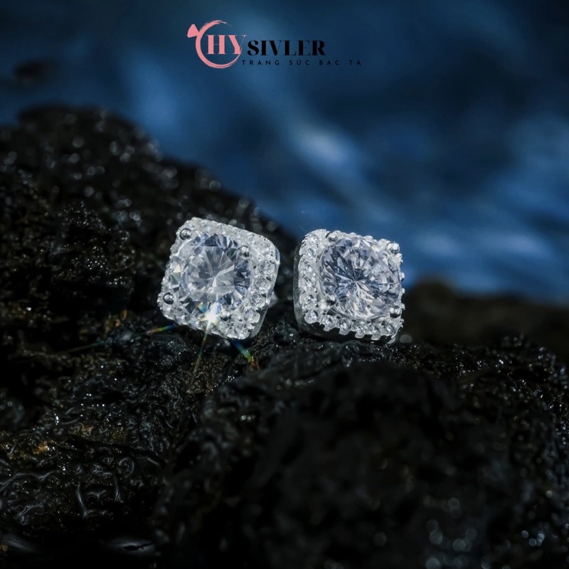 Bông tai bạc ta đính đá vuông sang chảnh nữ tính hàng loại to bạc bông tai bạc thật giá rẻ CHY SILVER