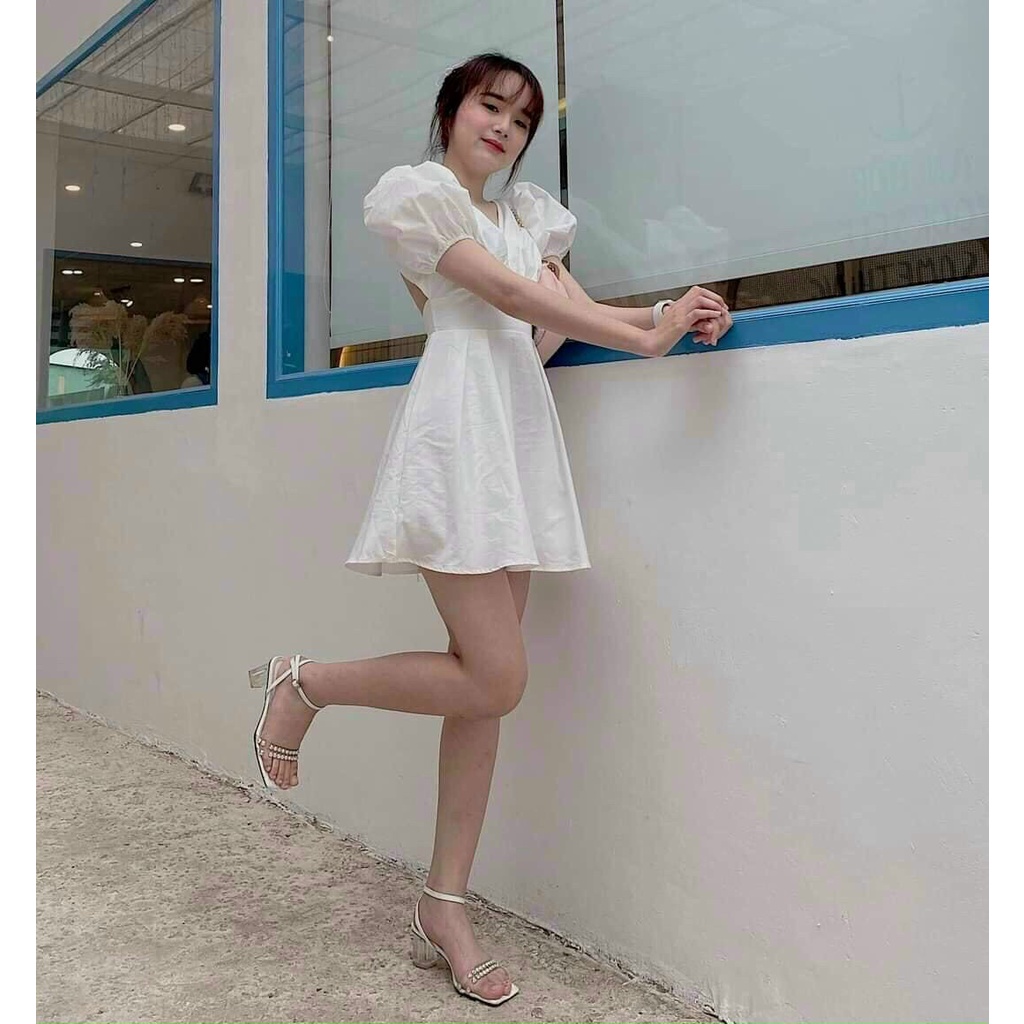 (Sale FreeShip) Đầm nữ tay phồng dáng xòe,đầm cổ chéo xếp li ôm eo tinh tế,chất kate mềm diện đi đâu cũng chanh sả