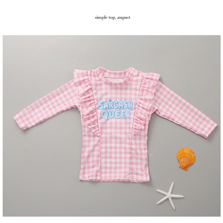 Bộ Đồ Bơi 2 Mảnh Áo Tay Dài + Quần Dài Họa Tiết Sọc Caro Cho Bé Gái