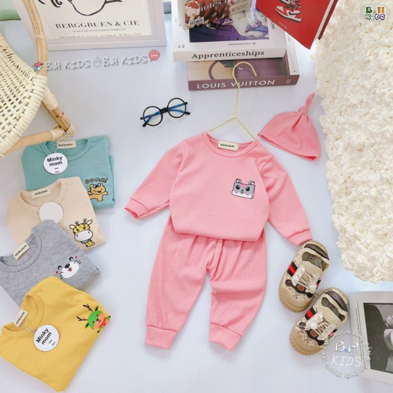 Bộ quần áo trẻ em kèm mũ len tăm mikymom dài tay ấm áp cho bé trai gái từ 6/18kg
