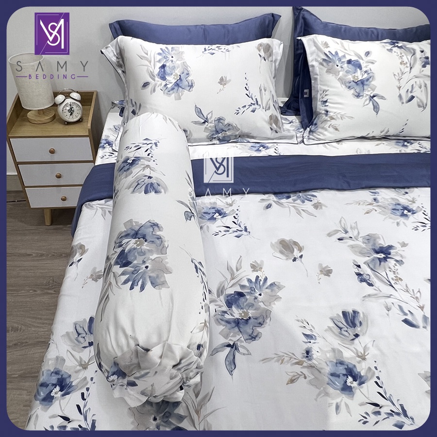 Bộ Chăn Ga Gối Lụa Tencel Coolsilk SAMY BEDDING Cao Cấp Mềm Mịn Thoáng Mát Màu Trắng Xanh Sang Trọng